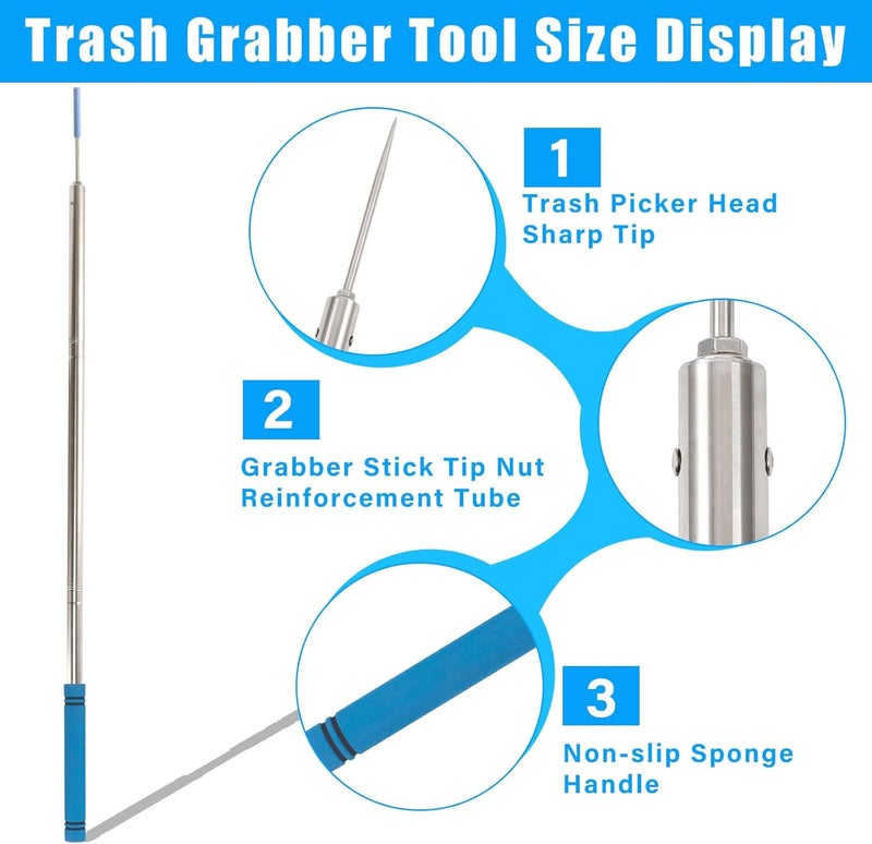Frebuta Trash Poker Stick,48Inch Trash Picker Upper Grabber High-Duty Stainless Steels Tip Lightweight & Reinforcement Garbage Debris Nabber Litter Picker Grabber Durability Reacher Yard Stick - Image 3